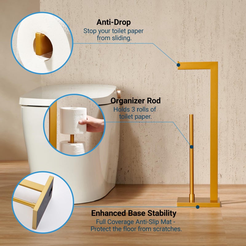 Miyili Bathroom Lavatory Toilet Paper Holder Stainless Steel Freestanding Toilet Tissue Roll Holder Square Style Gold, F03G2 - Image 4